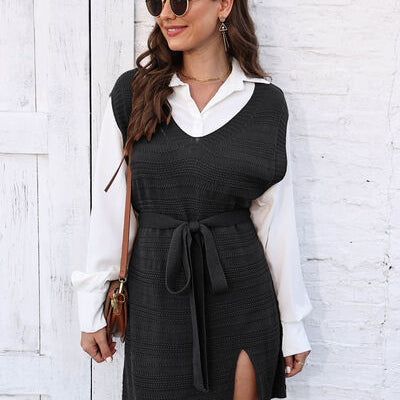 Tie Front V-Neck Sleeveless Slit Sweater Dress