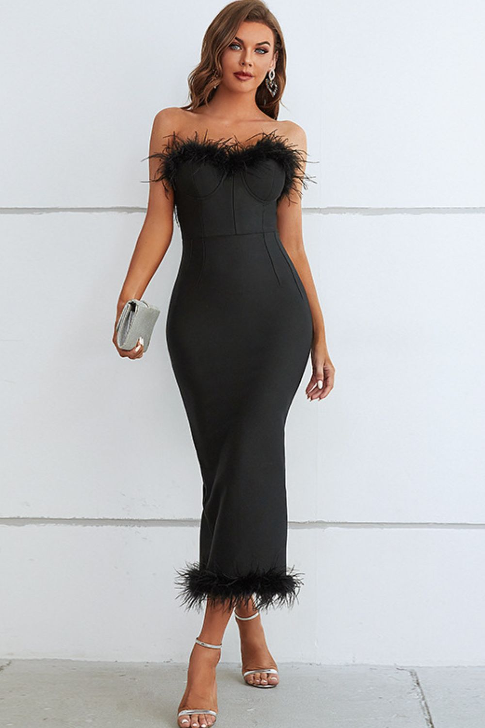 Feather Trim Strapless Sweetheart Neck Dress - Guy Christopher 