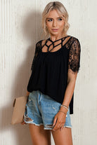 Strappy Neck Spliced Lace Eyelash Trim Blouse - Guy Christopher 