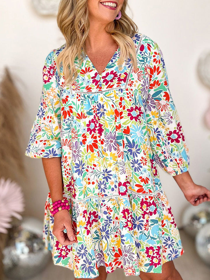 V-Neck Floral Print Long Sleeve Mini Dress - Guy Christopher 