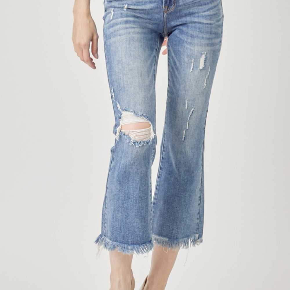 RISEN High Waist Distressed Cropped Bootcut Jeans