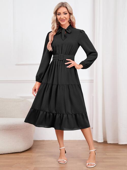 Tie Neck Long Sleeve Tiered Dress - Guy Christopher 