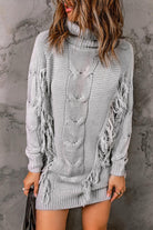 Turtleneck Fringe Detail Sweater Dress - Guy Christopher 