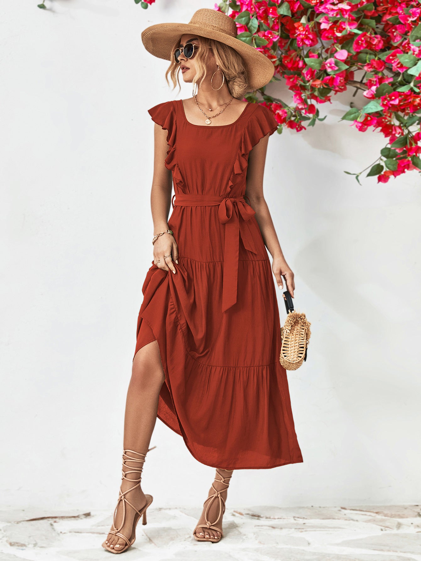 Tie Belt Ruffled Tiered Dress - Guy Christopher 