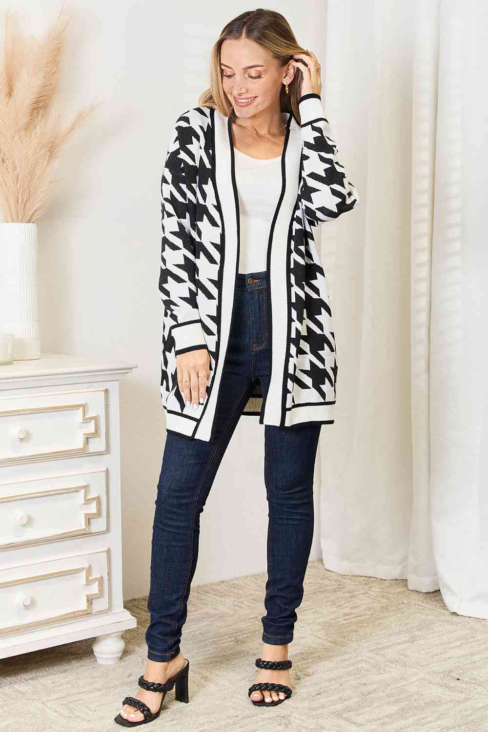 Woven Right Houndstooth Open Front Longline Cardigan - Guy Christopher 