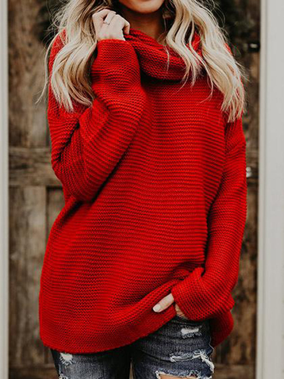 Turtleneck Dropped Shoulder Slit Sweater - Guy Christopher 