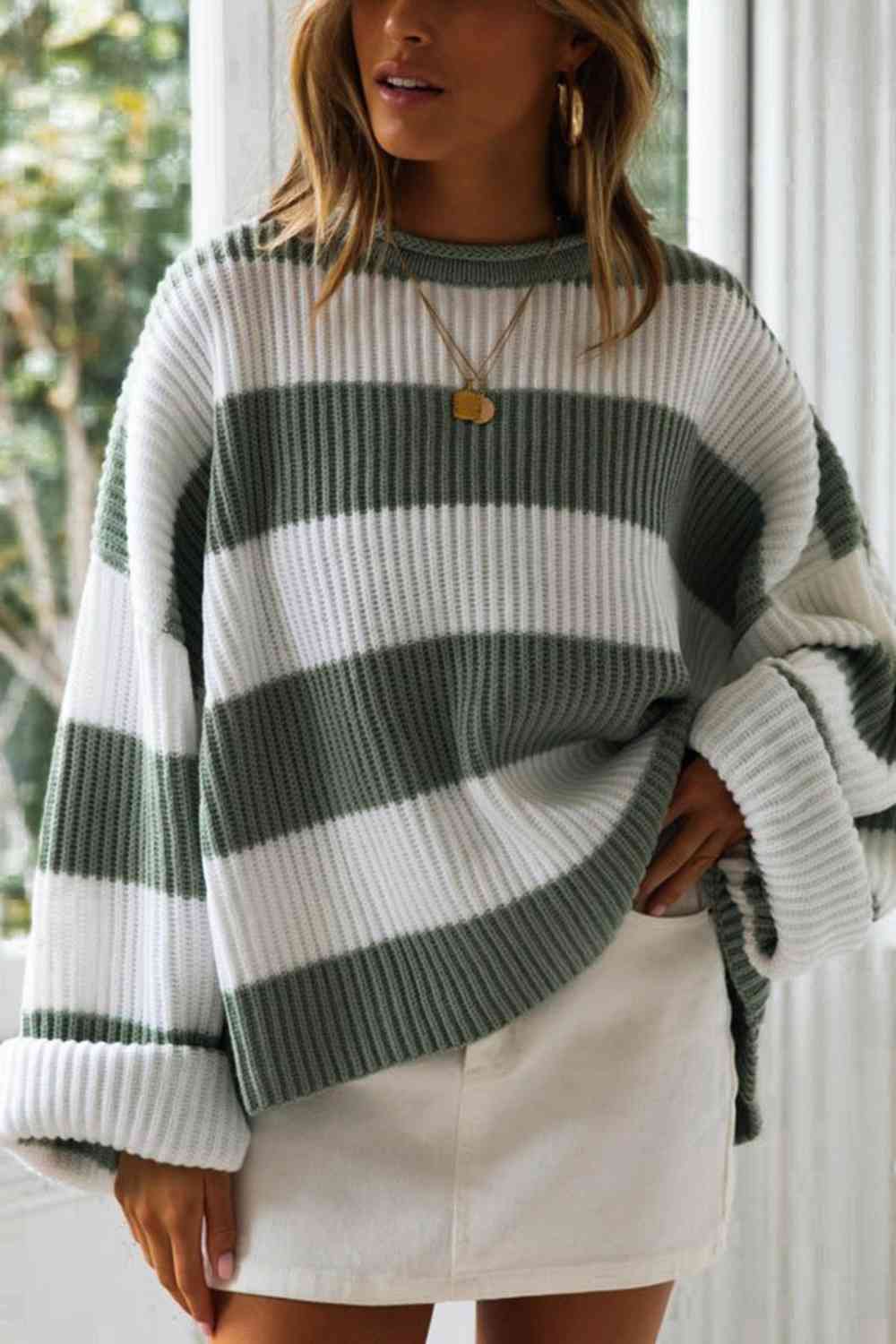 Striped Round Neck Long Sleeve Sweater - Guy Christopher 