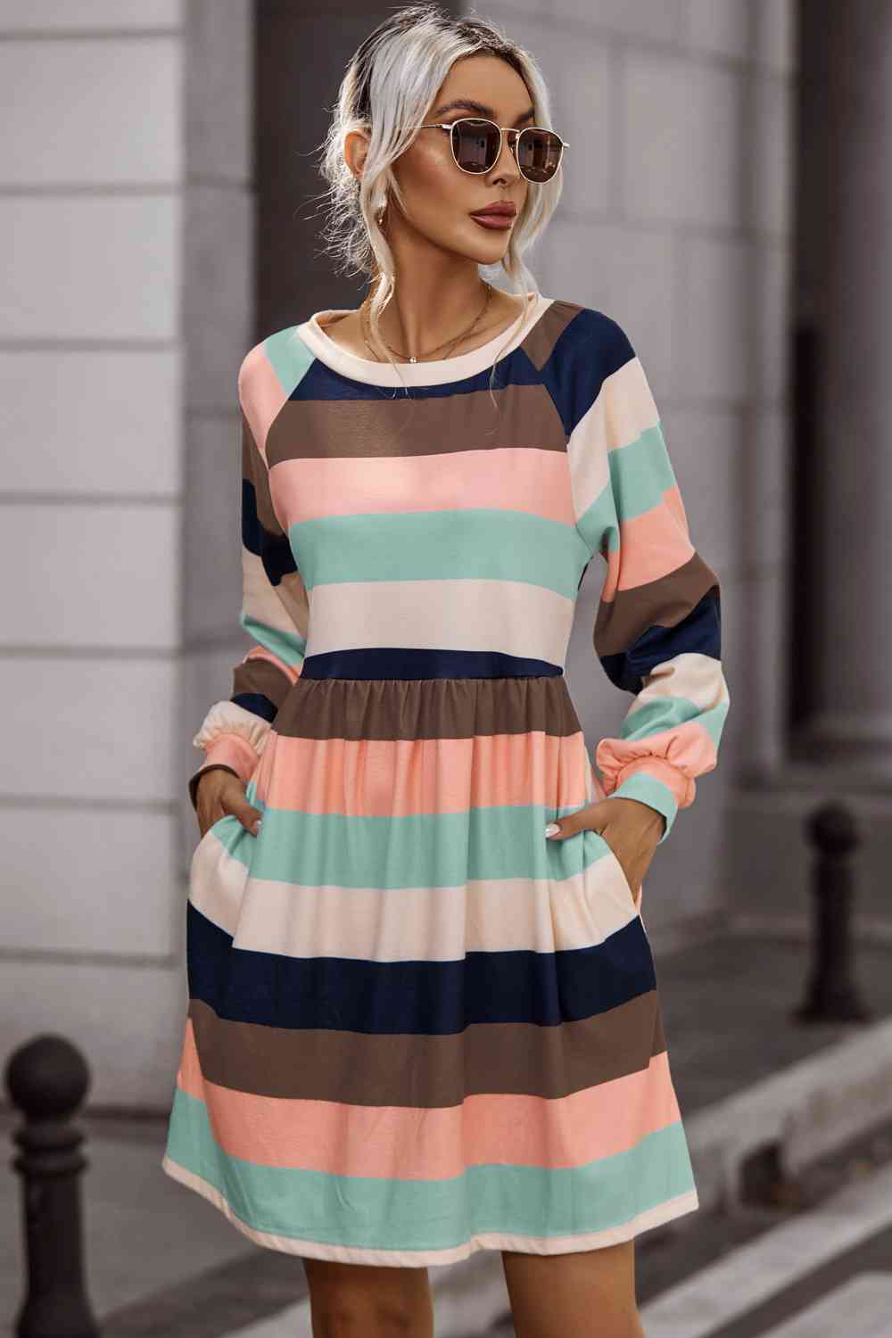 Striped Round Neck Dress with Pockets - Guy Christopher 