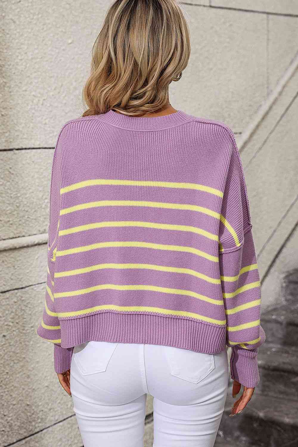 Striped Dropped Shoulder Round Neck Pullover Sweater - Guy Christopher 