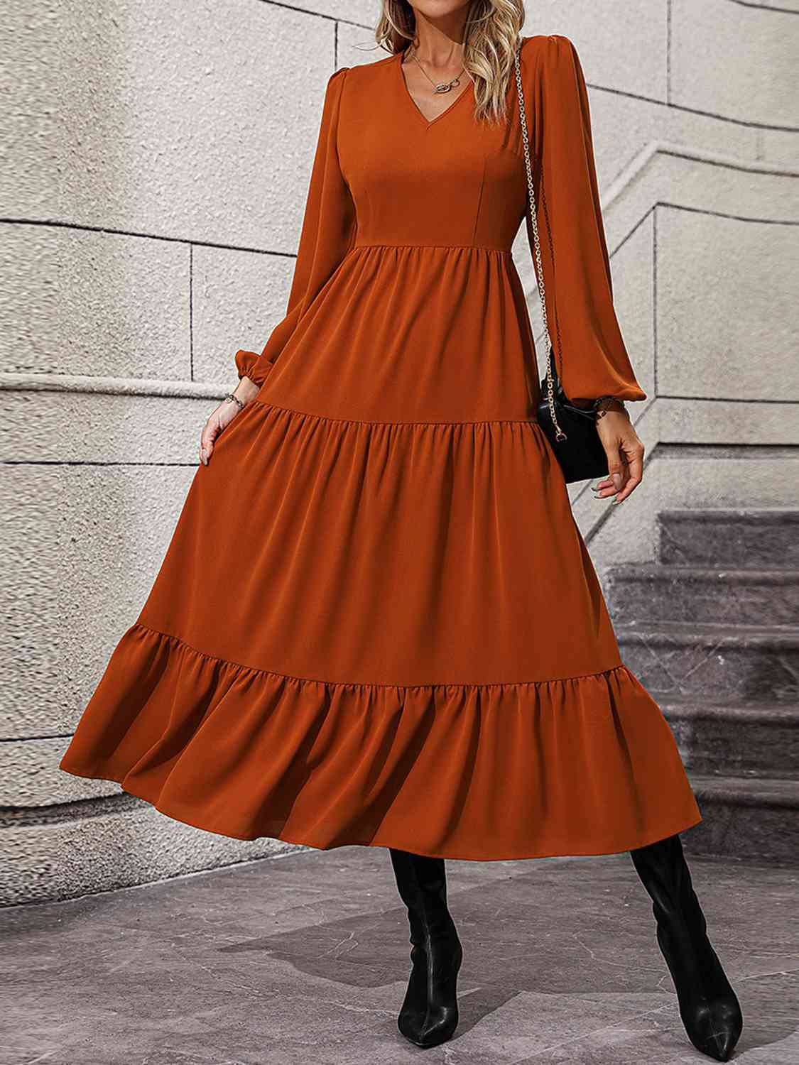 V-Neck Long Sleeve Tiered Dress - Guy Christopher 