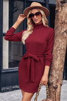 Turtle Neck Long Sleeve Tie Belt Mini Dress - Guy Christopher 