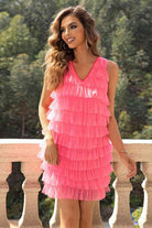 V-Neck Tiered Sleeveless Mesh Dress - Guy Christopher 