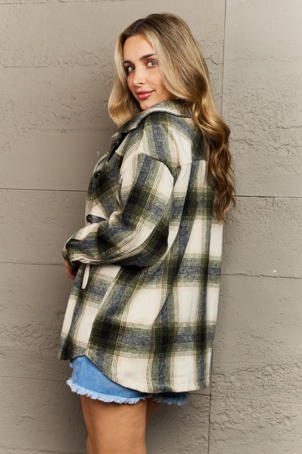 Zenana By The Fireplace Oversized Plaid Shacket in Olive - Guy Christopher 