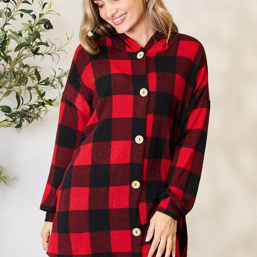 Heimish Full Size Plaid Button Front Hooded Shirt