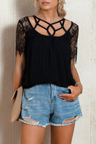 Strappy Neck Spliced Lace Eyelash Trim Blouse - Guy Christopher 