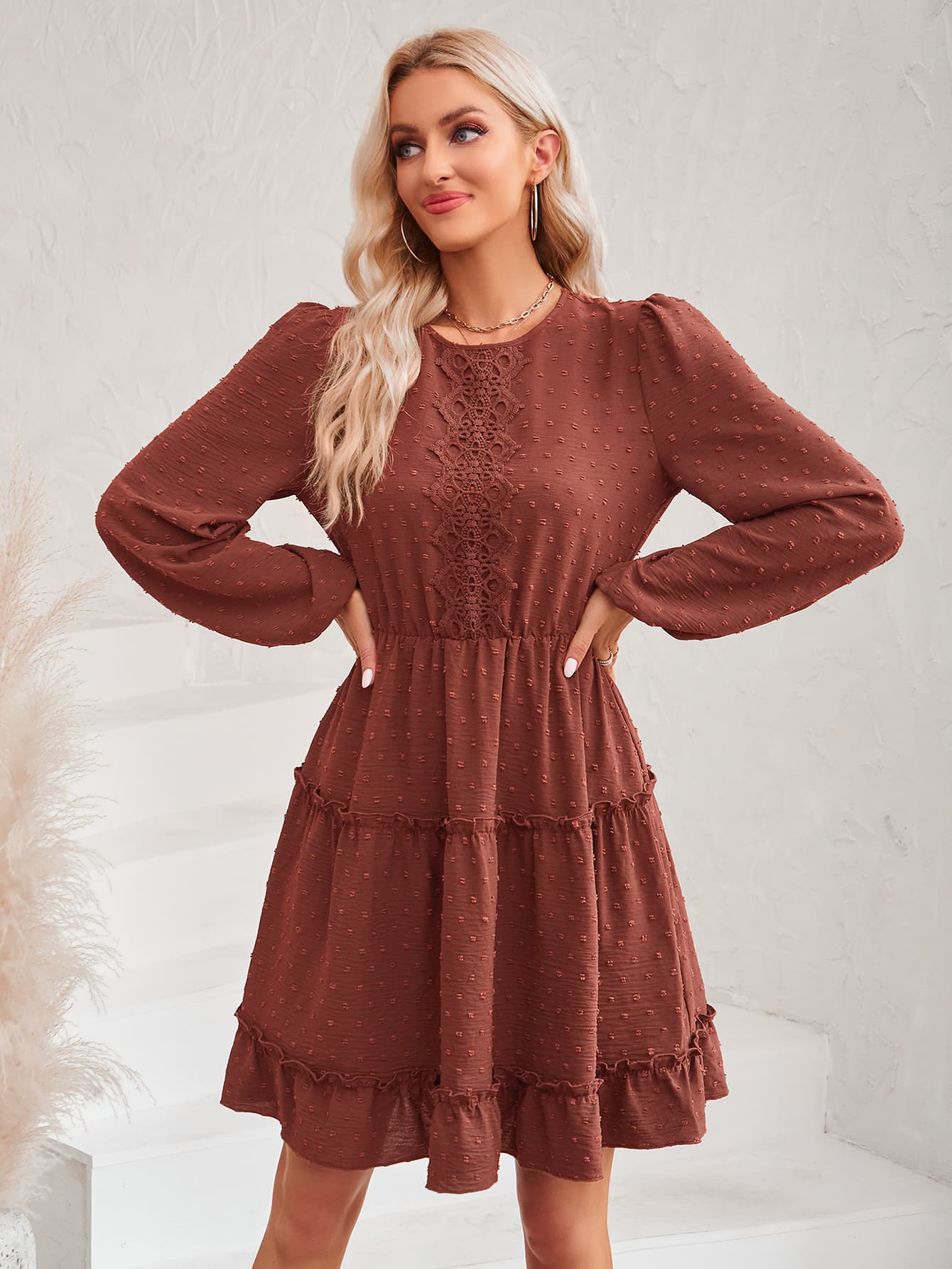 Swiss Dot Lace Trim Balloon Sleeve Dress - Guy Christopher 