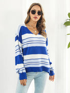 Striped V-Neck Long Sleeve Knit Top - Guy Christopher 