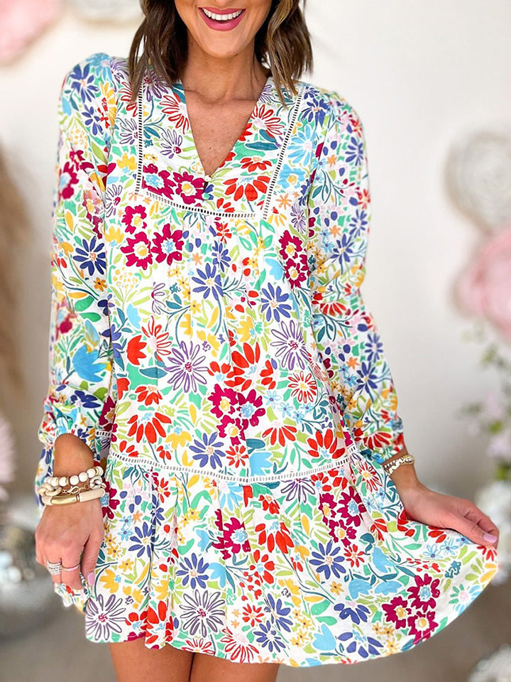 V-Neck Floral Print Long Sleeve Mini Dress - Guy Christopher 