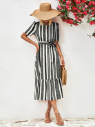 Striped Tie Belt Round Neck Puff Sleeve Dress - Guy Christopher 