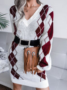 Woven Right Argyle V-Neck Ribbed Trim Sweater Dress - Guy Christopher 