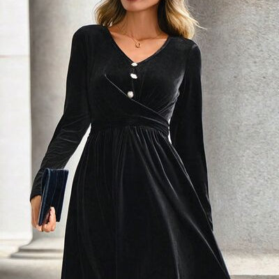 Ruched Decorative Button V-Neck Long Sleeve Dress