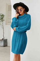 Woven Right Mixed Knit Turtleneck Lantern Sleeve Sweater Dress - Guy Christopher 