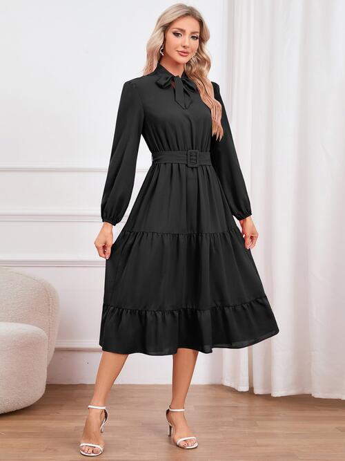 Tie Neck Long Sleeve Tiered Dress - Guy Christopher 