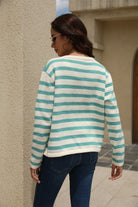 Striped Round Neck Button-Down Dropped Shoulder Cardigan - Guy Christopher 