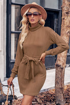 Turtle Neck Long Sleeve Tie Belt Mini Dress - Guy Christopher 