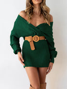 Surplice Neck Long Sleeve Sweater Dress - Guy Christopher 