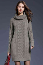 Woven Right Full Size Mixed Knit Cowl Neck Dropped Shoulder Sweater Dress - Guy Christopher 