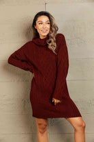 Woven Right Full Size Mixed Knit Cowl Neck Dropped Shoulder Sweater Dress - Guy Christopher 