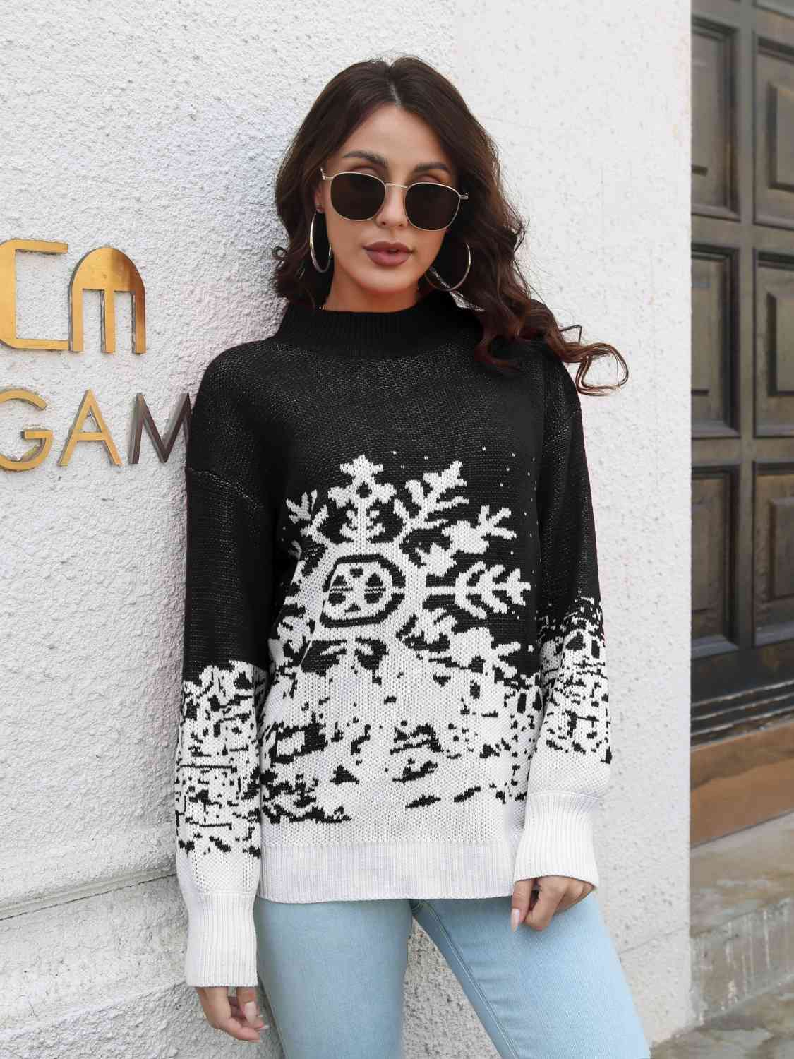 Snowflake Pattern Mock Neck Sweater - Guy Christopher 