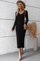 V-Neck Long Sleeve Ribbed Sweater Dress - Guy Christopher 