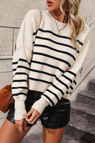 Striped Dropped Shoulder Round Neck Pullover Sweater - Guy Christopher 