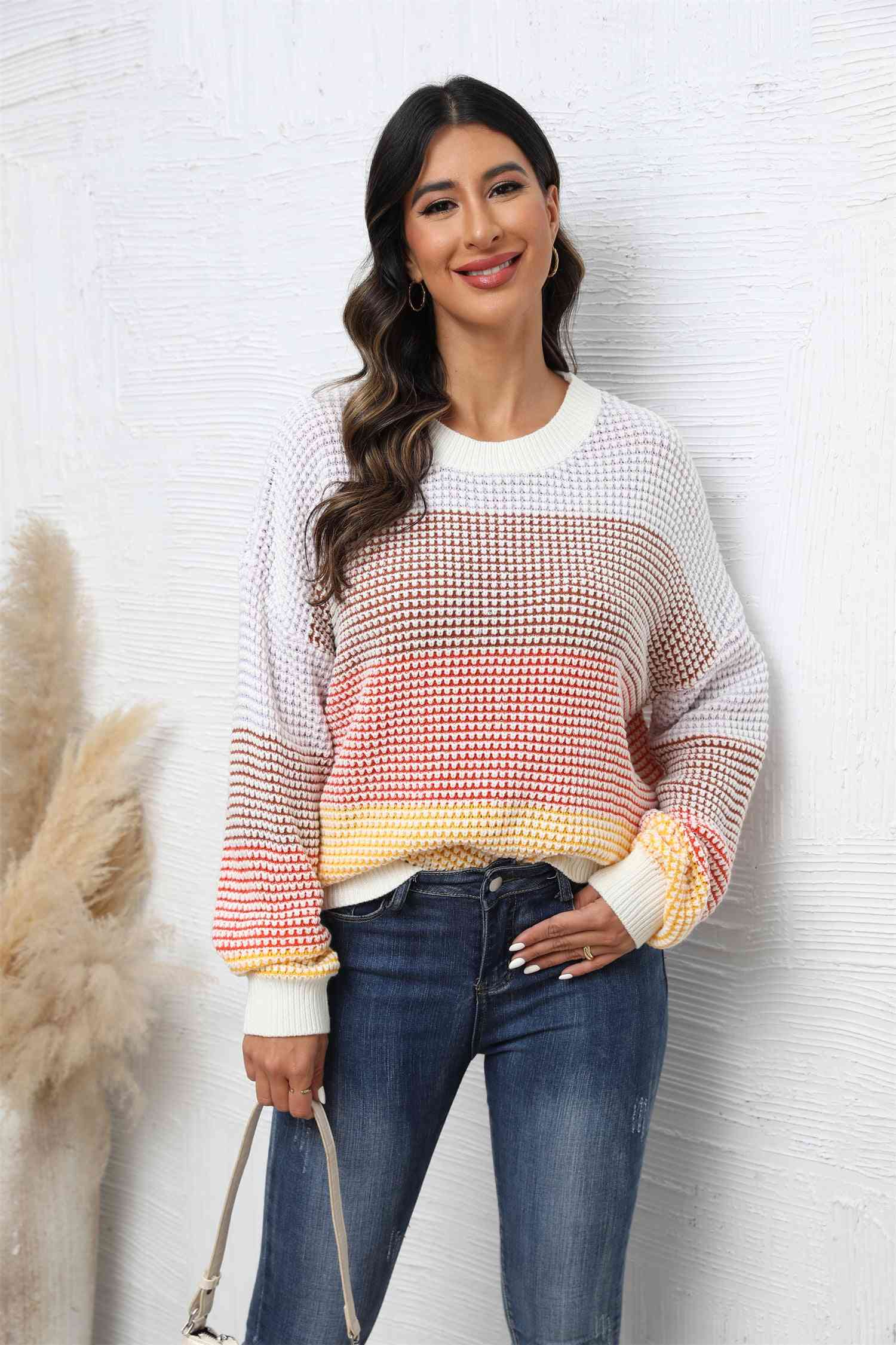 Waffle-Knit Round Neck Dropped Shoulder Color Block Sweater - Guy Christopher 