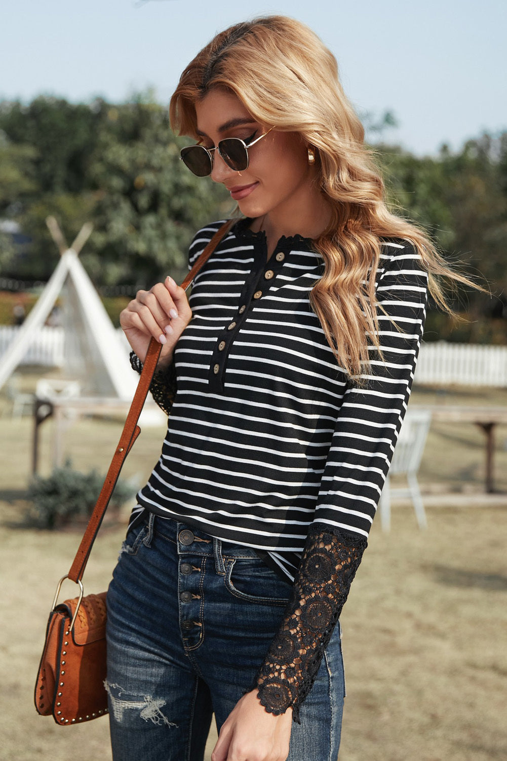 Striped Button-Up Lace Detail Long Sleeve Blouse - Guy Christopher 