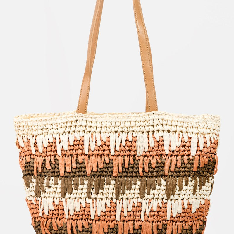Fame Straw Braided Striped Tote Bag