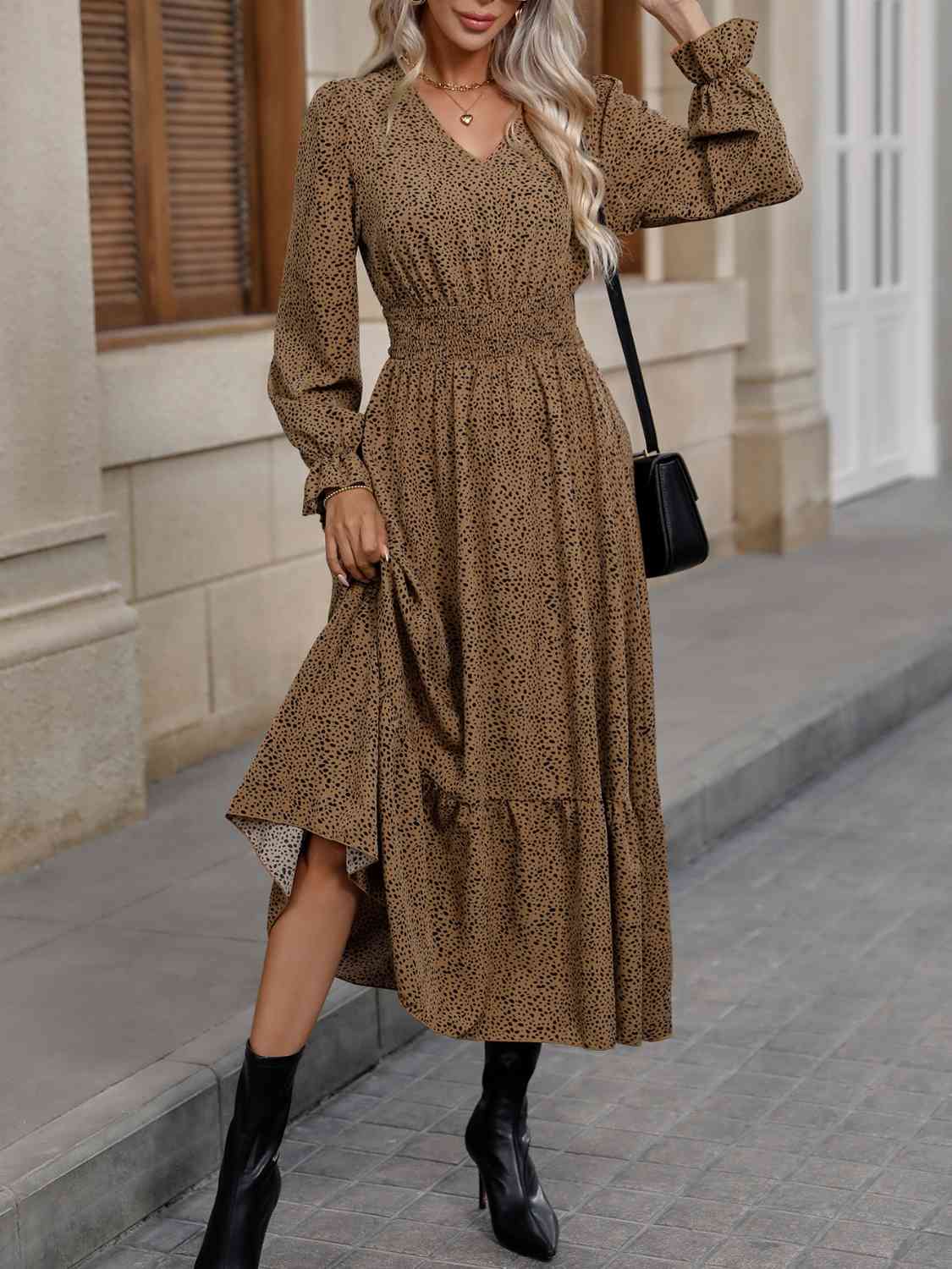 V-Neck Flounce Sleeve Ruffle Hem Dress - Guy Christopher 