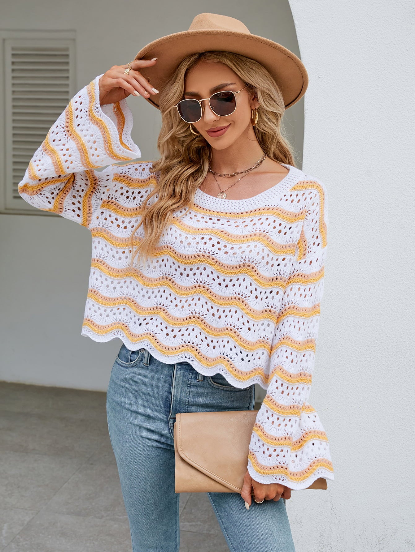 Round Neck Openwork Flare Sleeve Knit Top - Guy Christopher 