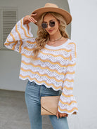 Round Neck Openwork Flare Sleeve Knit Top - Guy Christopher 