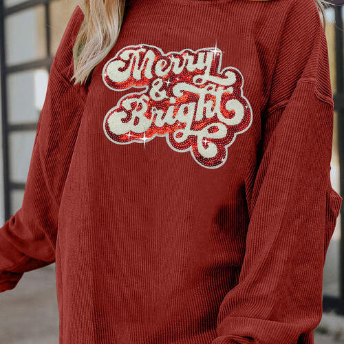 Ribbed Sequin Letter Graphic Round Neck Long Sleeve Sweatshirt