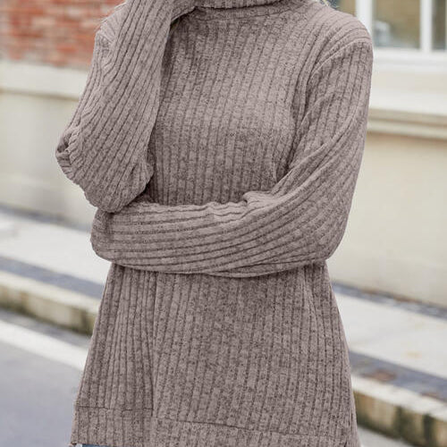 Ribbed Turtleneck Long Sleeve Slit Knit Top