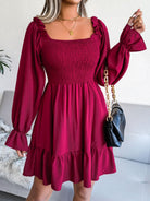 Smocked Flounce Sleeve Square Neck Dress - Guy Christopher 