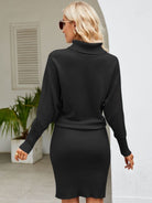 Turtle Neck Long Sleeve Ribbed Sweater Dress - Guy Christopher 