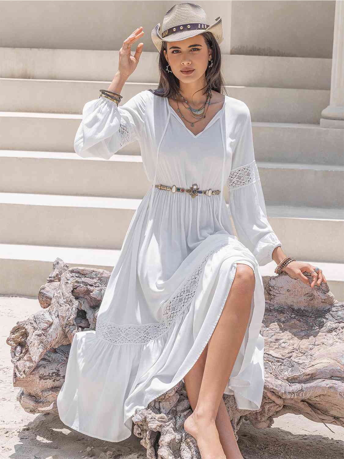 Tie Neck Balloon Sleeve Midi Dress - Guy Christopher 