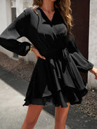 Surplice Neck Tie Waist Long Sleeve Dress - Guy Christopher 