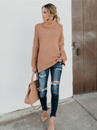 Turtleneck Dropped Shoulder Slit Sweater - Guy Christopher 