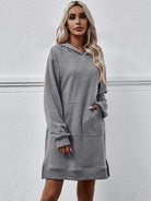 Slit Long Sleeve Hooded Dress with Pocket - Guy Christopher 