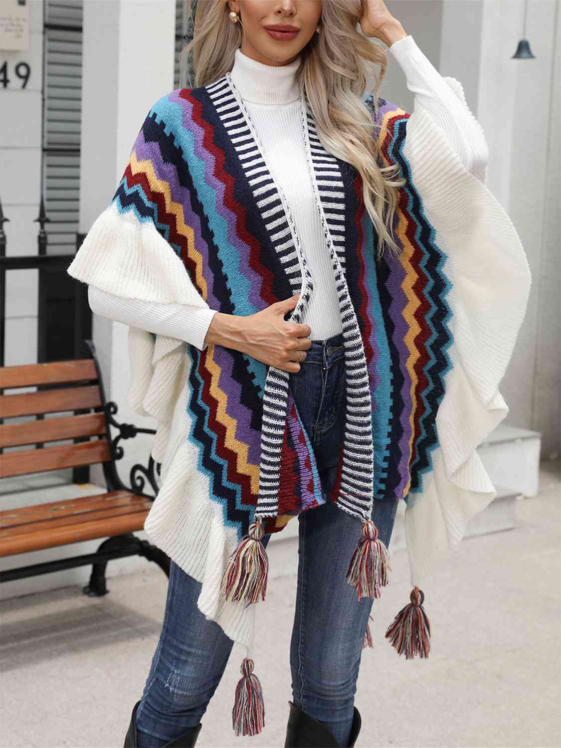 Striped Open Front Poncho with Tassels - Guy Christopher 